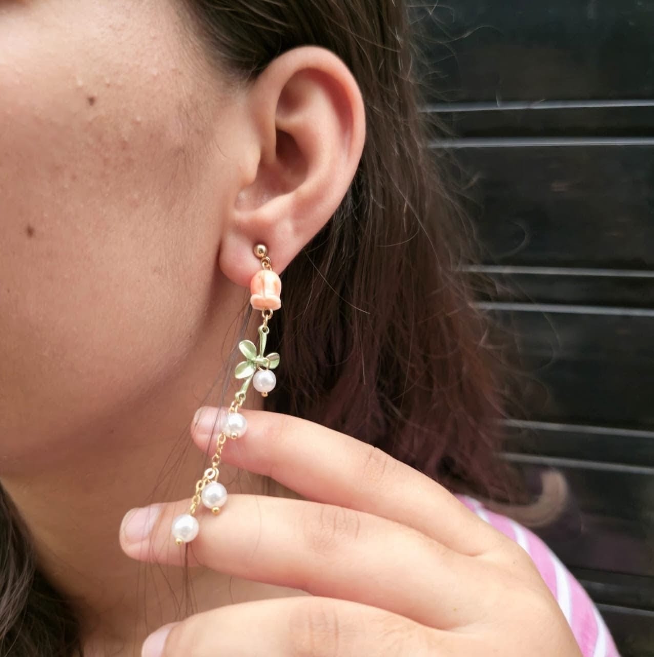 Long Drop Earrings with Peach Floral Design & Pearl Accents for Women