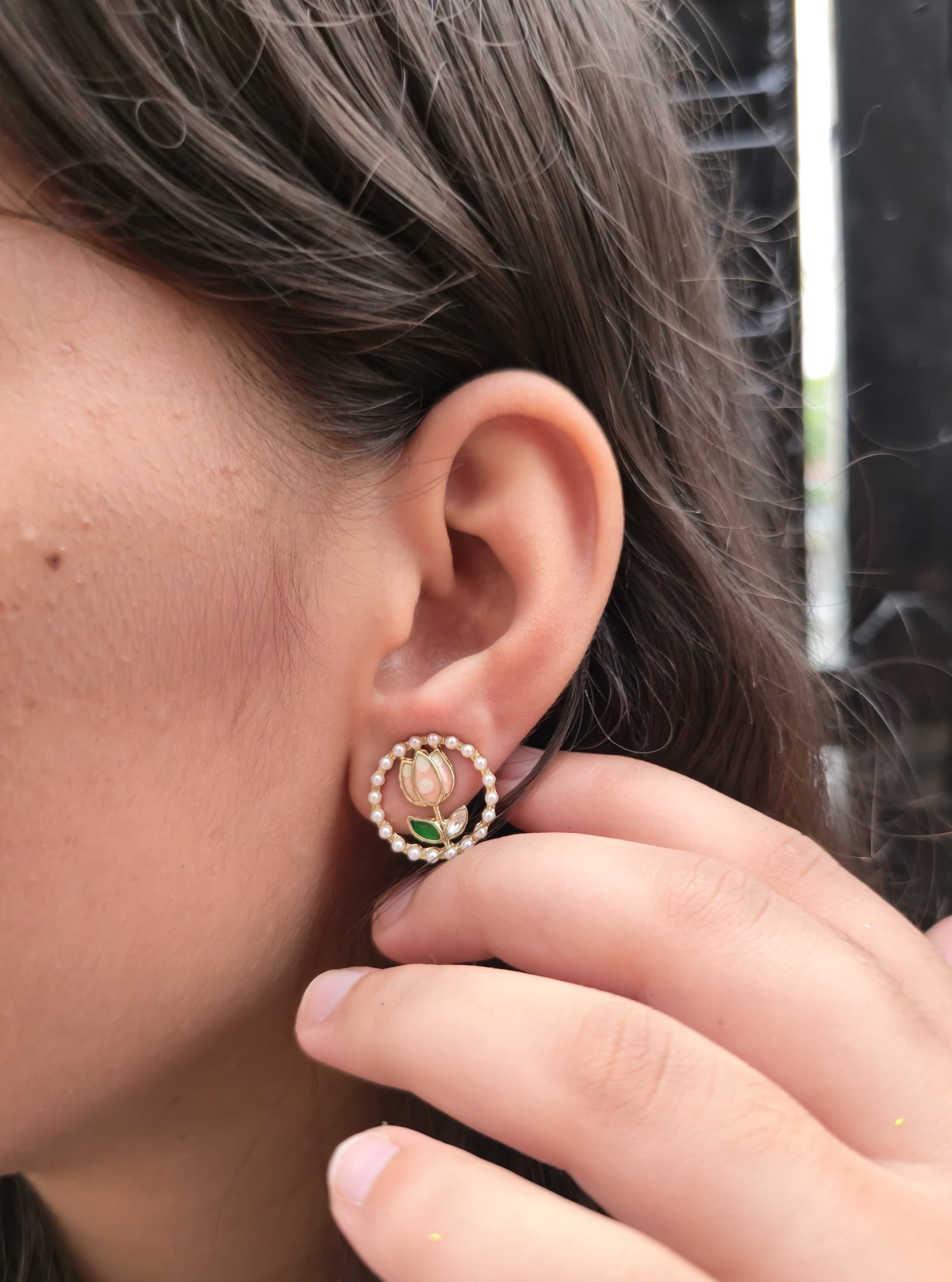 Floral Stud Earrings with Pearl Embellishments for Women & Girls