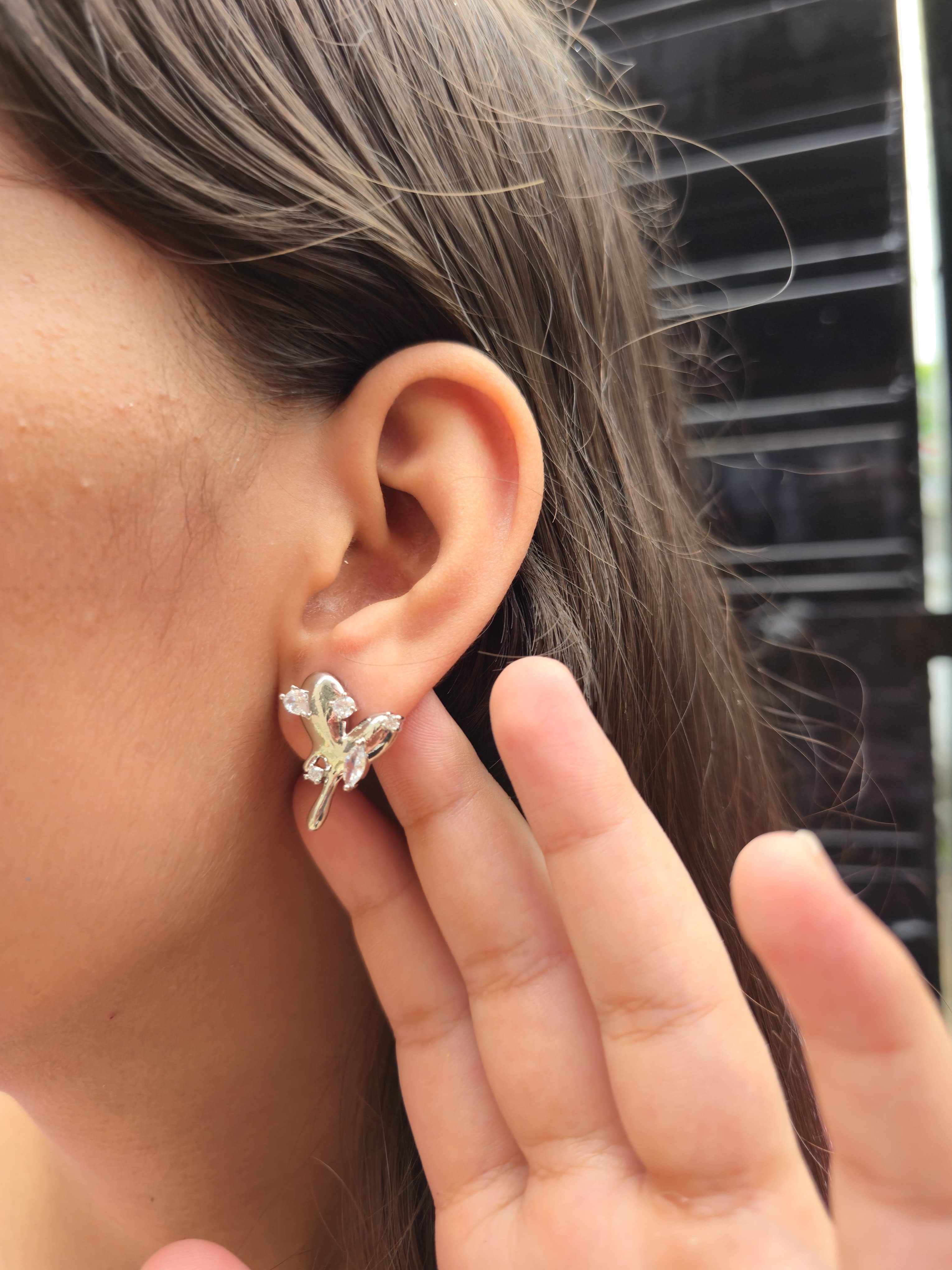 Silver-Plated Melted Heart Bow Stud Earrings with Crystal Detailing for Women