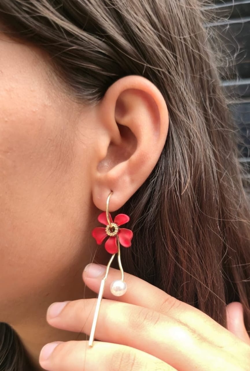 Long Drop Earrings with Red Floral Design & Pearl Accent for Women