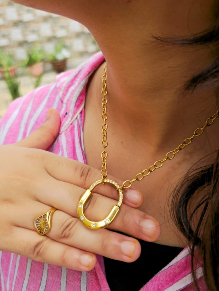Anti-Tarnish Gold Horseshoe Pendant Necklace with Crystal Accents