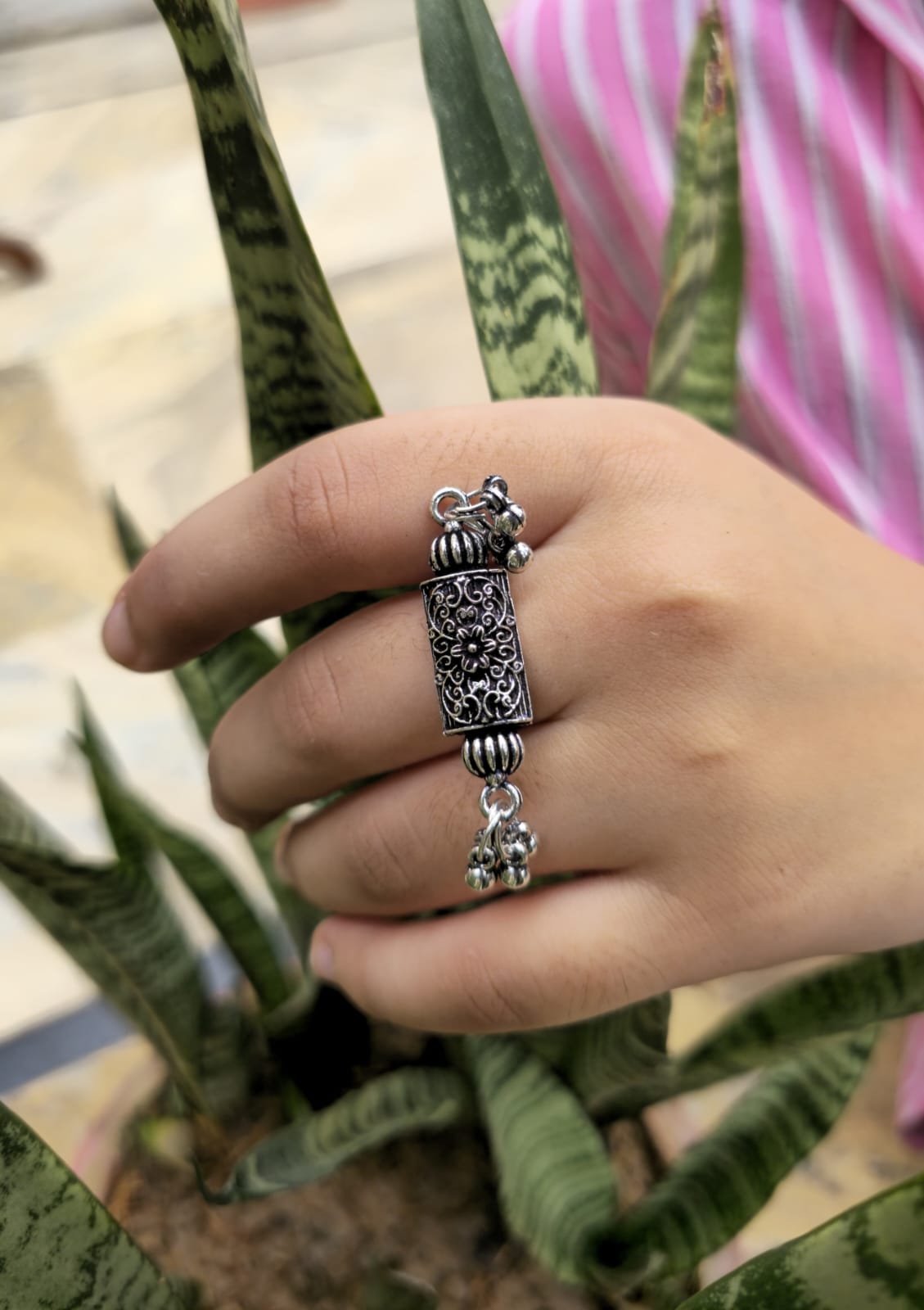 Antique Oxidised Silver Dome Ring with Dangling Charms