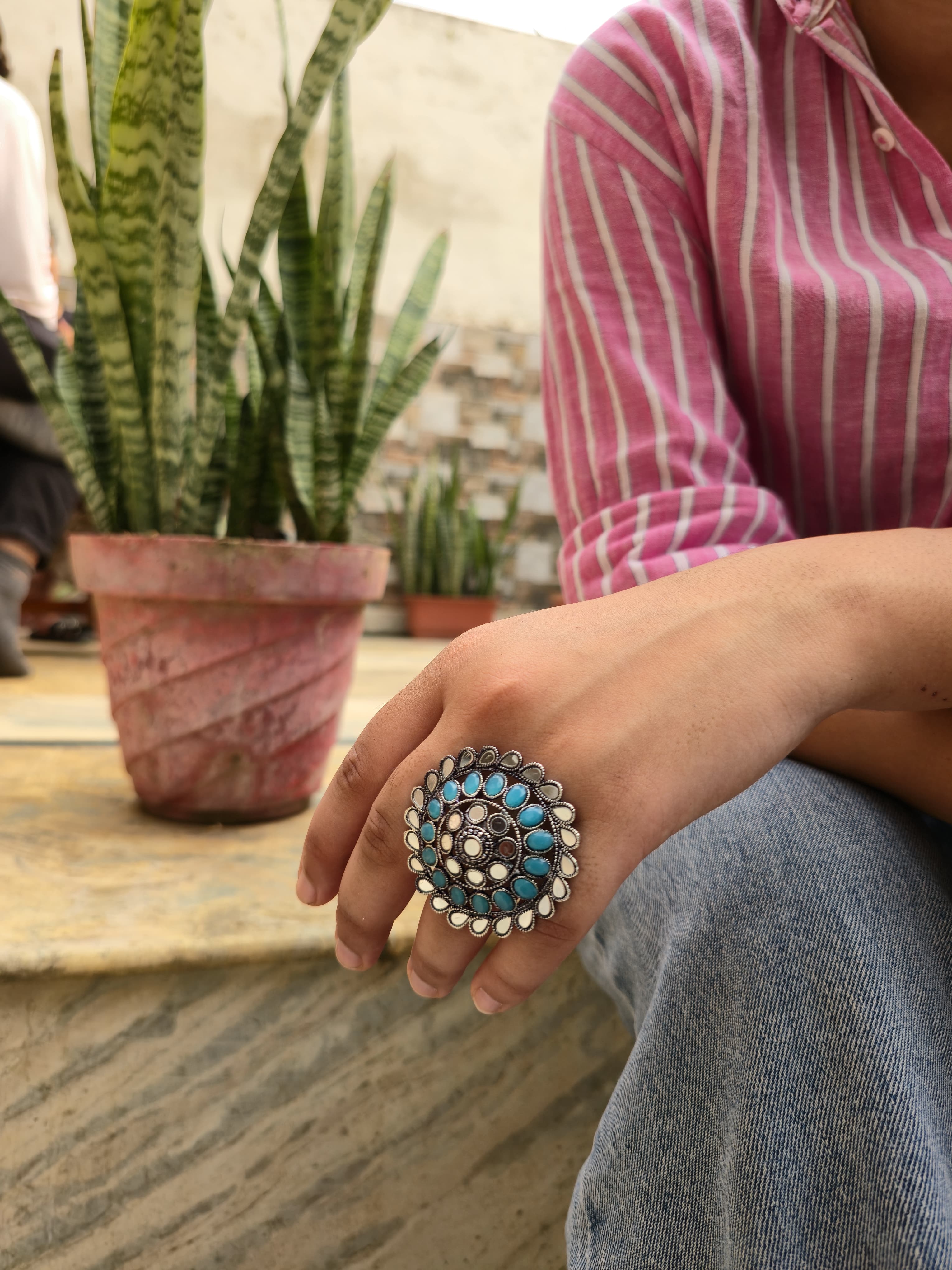 Oxidised Silver Statement Ring with Blue & White Stone Design